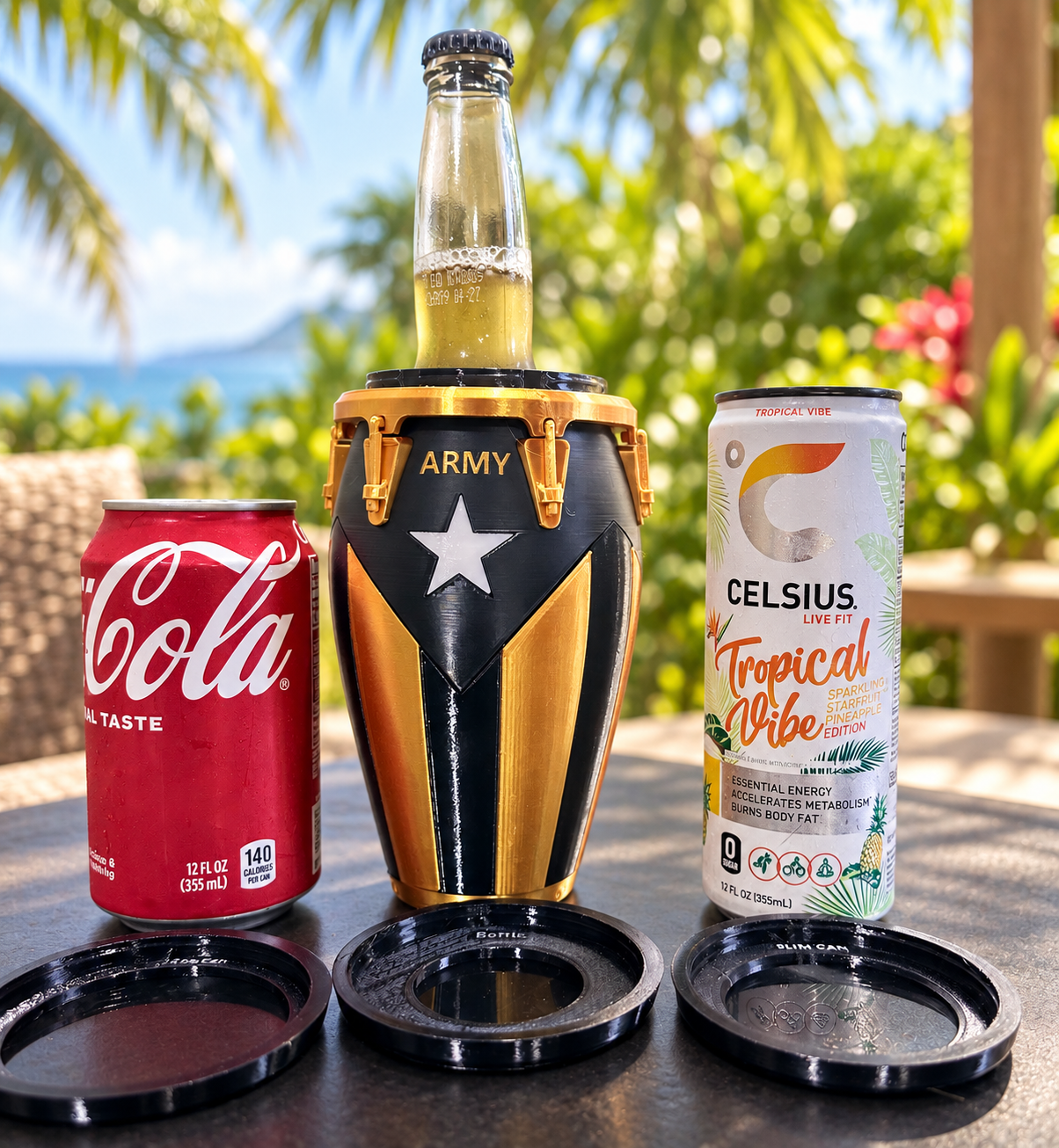 Army conga with a standard can, slim can, bottle and interchangeable inserts